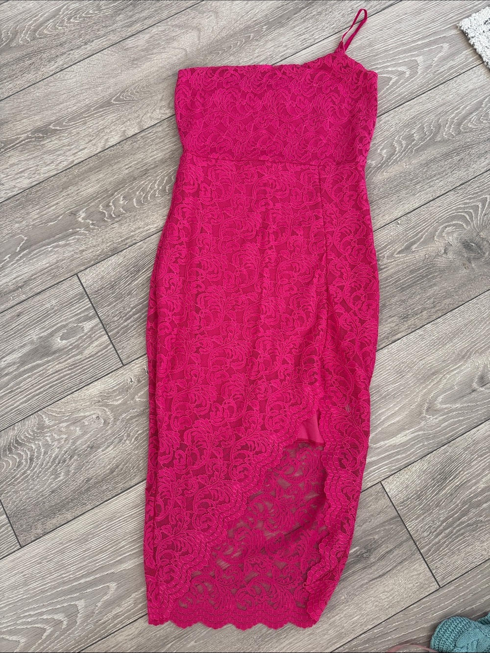 Fashion Nova Hot Pink One-Shoulder Lace Midi Dress
